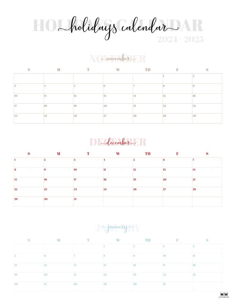 November December 2024 Calendars - 28 Printables | Printabulls in November December 2024 January 2025 Calendar Printable