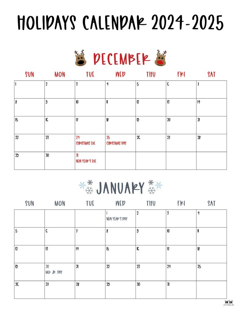 November December 2024 Calendars - 28 Printables | Printabulls intended for Free Printable Calendar December 2024 January 2025