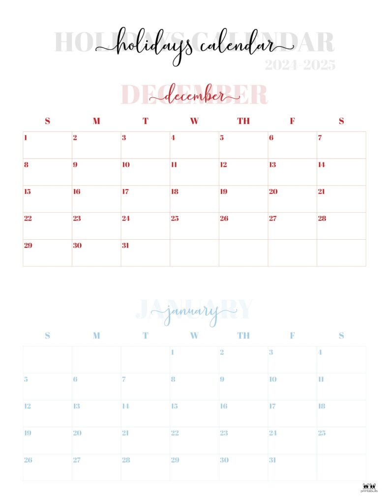 November December 2024 Calendars - 28 Printables | Printabulls throughout Calendar End of December 2024 and Beginning of January 2025 Printable