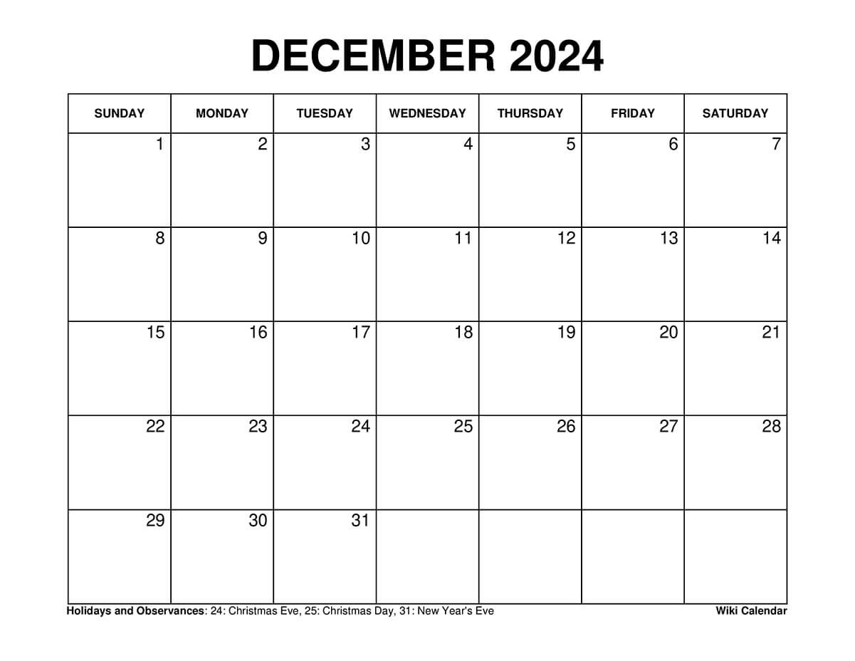 Printable December 2024 Calendar Templates With Holidays regarding December 2024 Calendar Printable Small