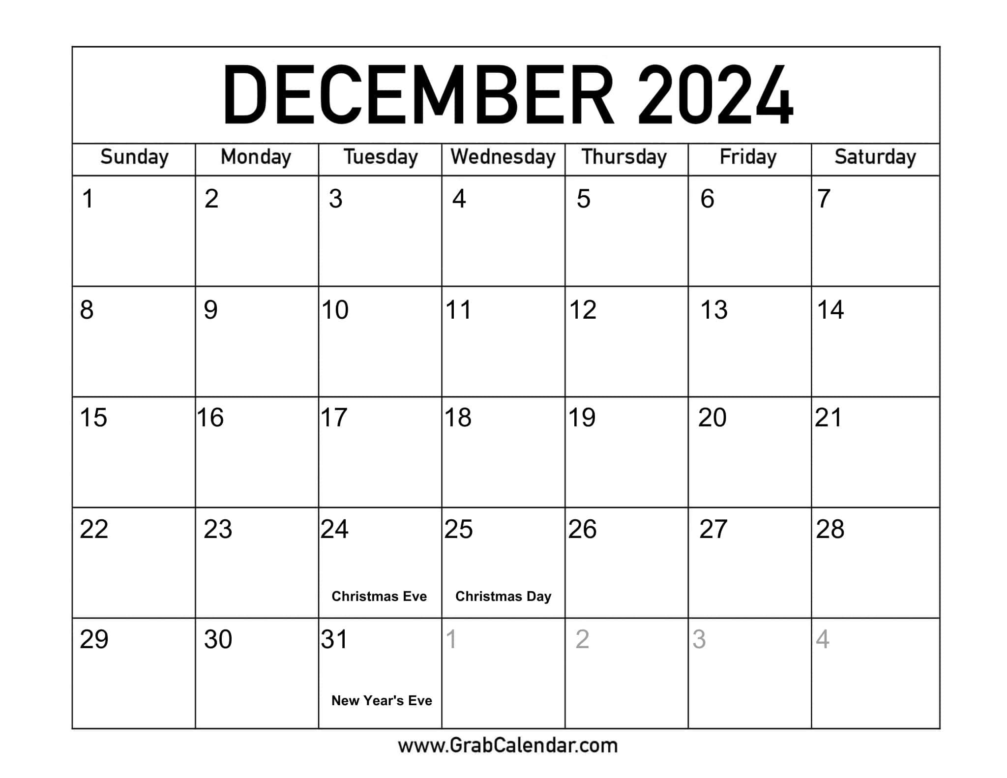 Printable December 2024 Calendar with December 2024 Calendar Printable Time and Date