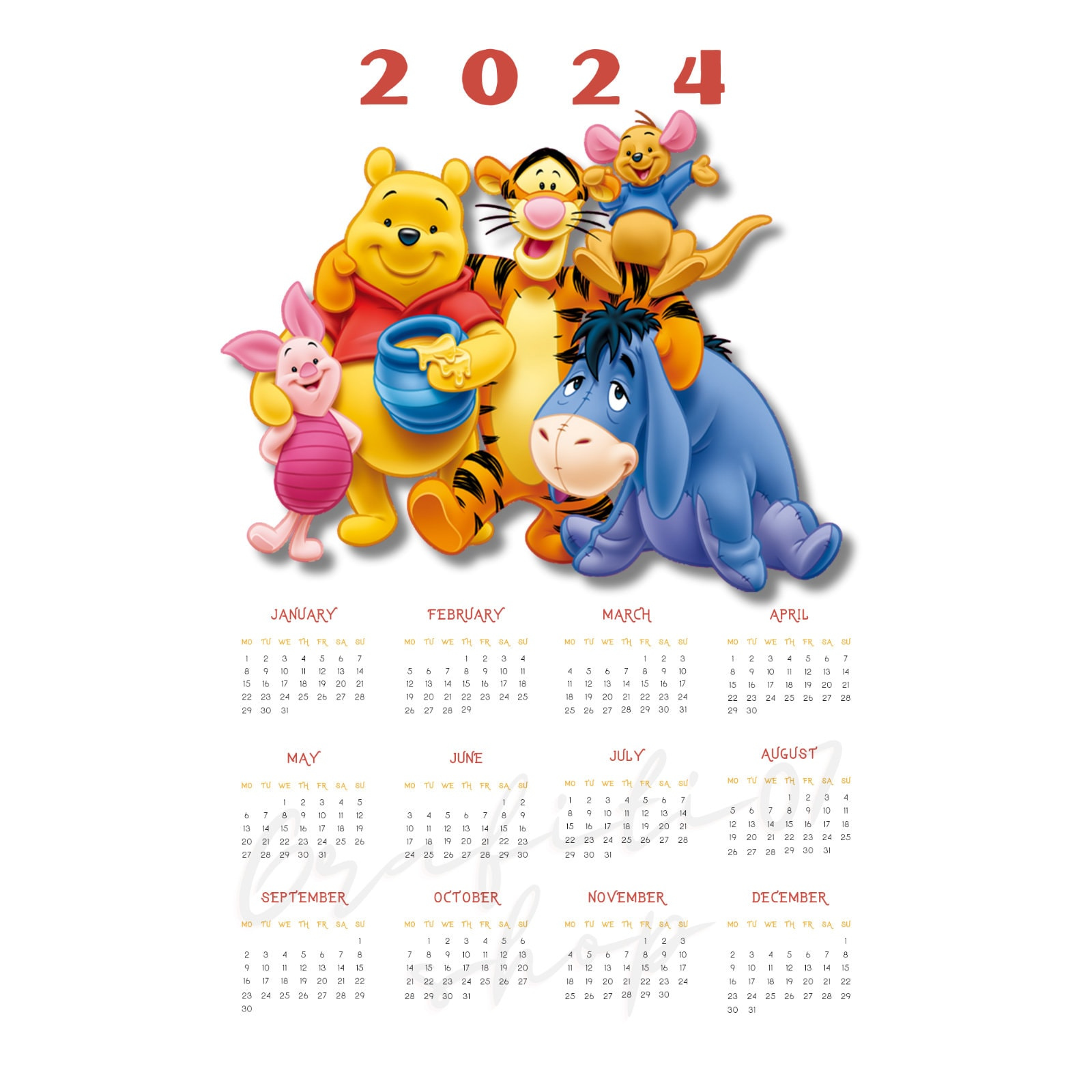 Winnie The Pooh Themed Calendar, 2024 Calendar, New Year Calendar with 2024 December Calendar Printable Winnie The Pooh