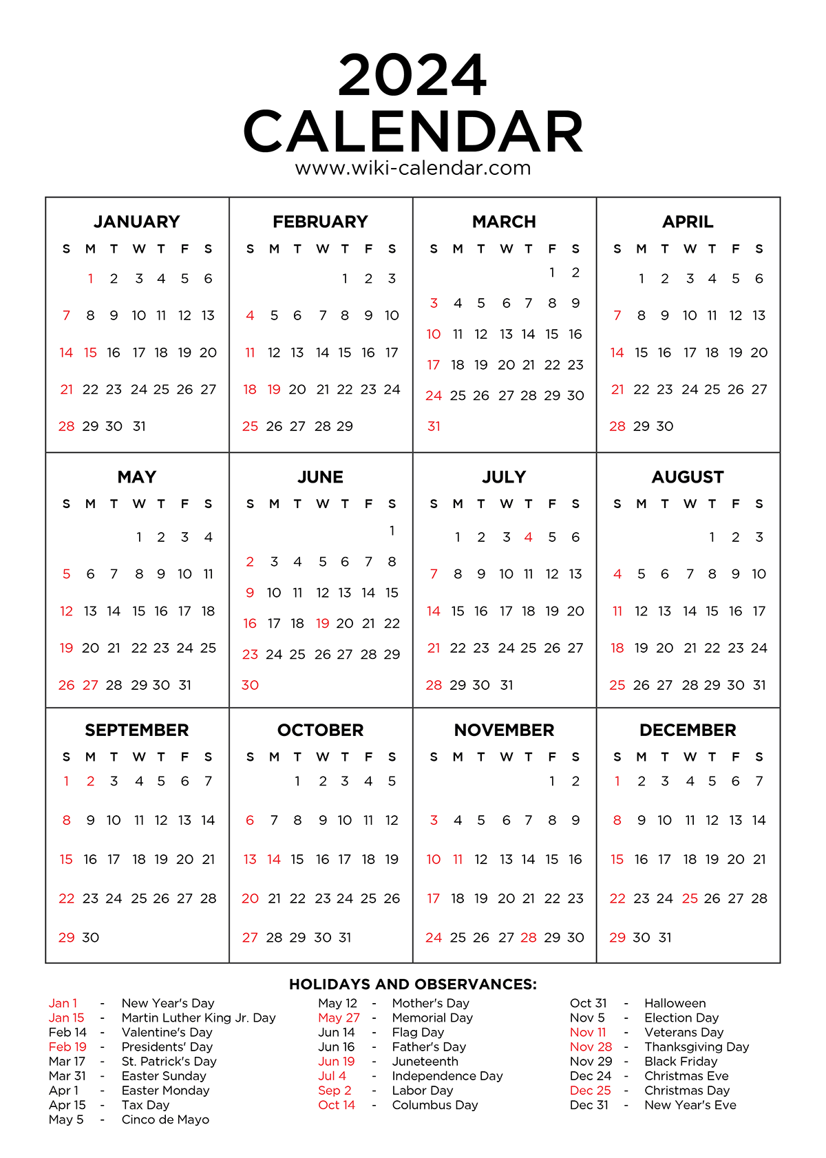 Year 2024 Calendar Printable With Holidays - Wiki Calendar intended for December 2024 Calendar Template Printable 8.5 X 11