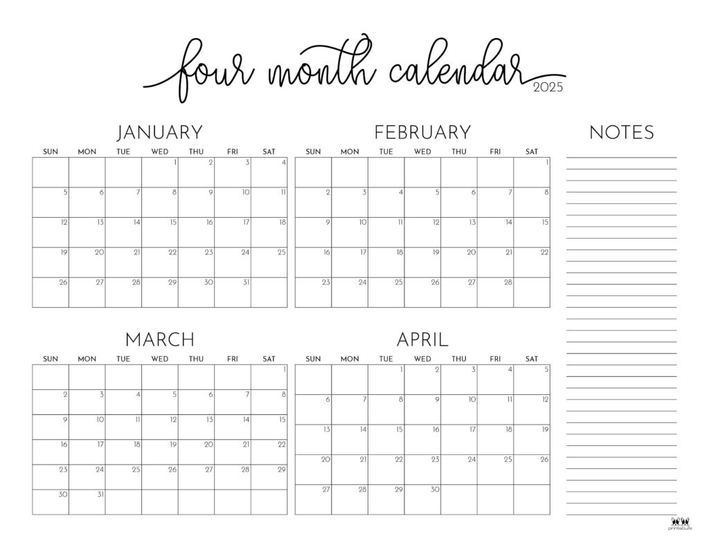 2025 Four Month Calendars - 31 Free Printables | Printabulls for Printable Calendar March April May 2025