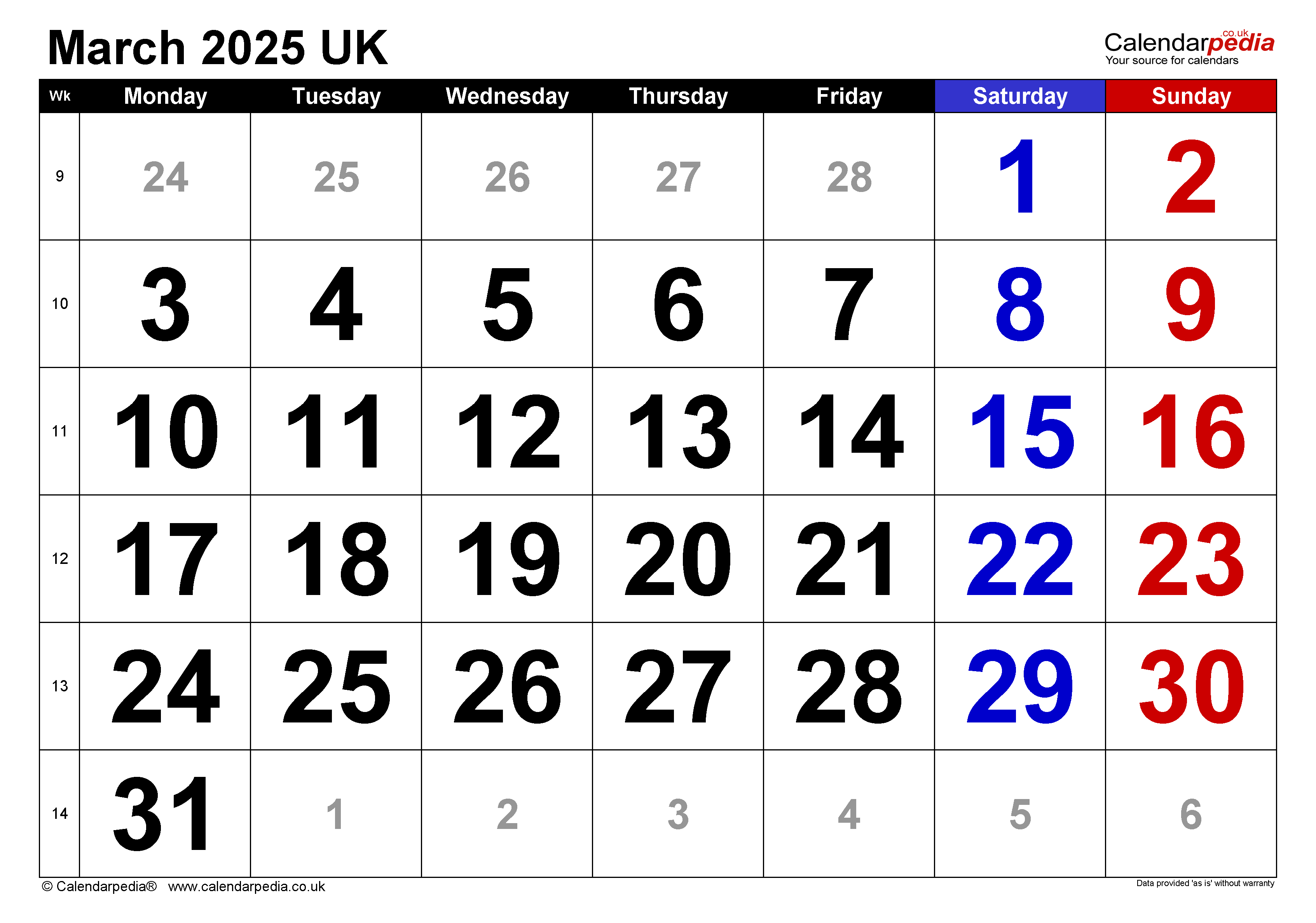 Calendar March 2025 Uk With Excel, Word And Pdf Templates for Calendar Month of March 2025