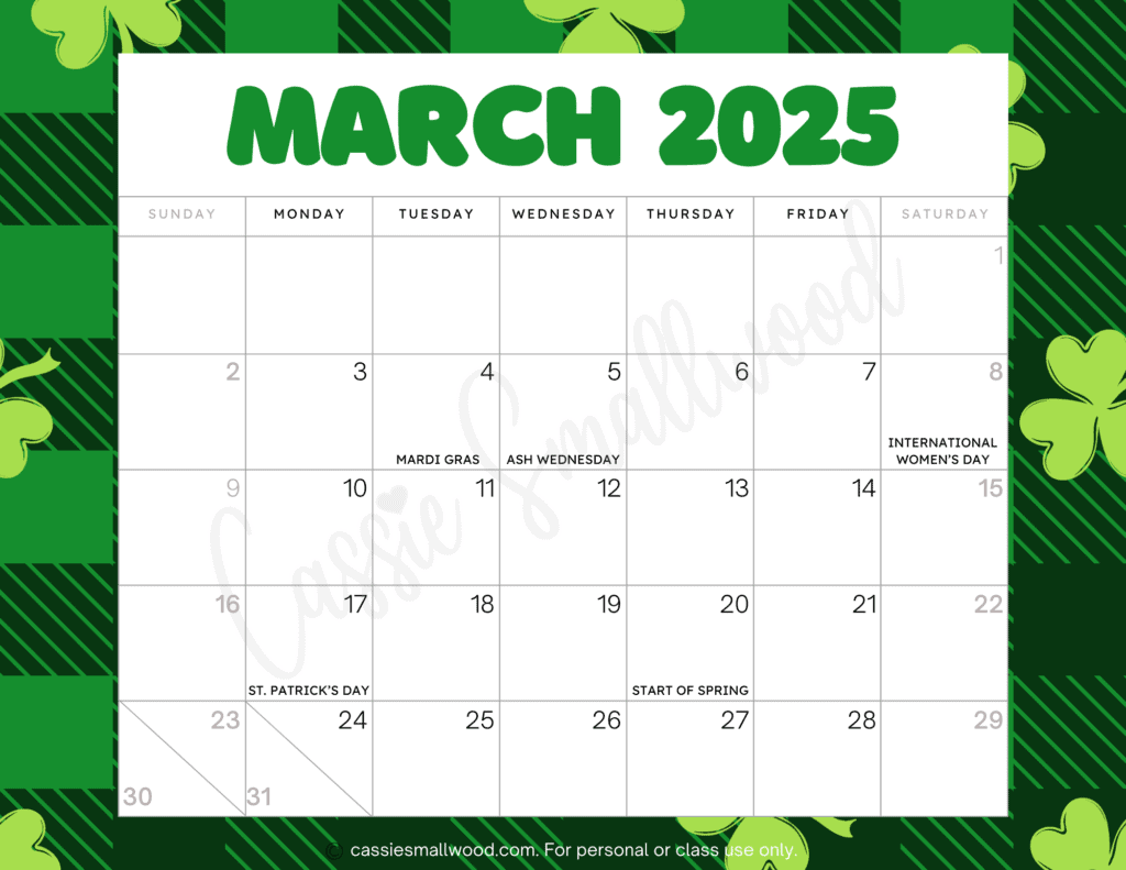 Cute 2025 Free Printable Monthly Calendars - Cassie Smallwood inside March 2025 Holiday Calendar