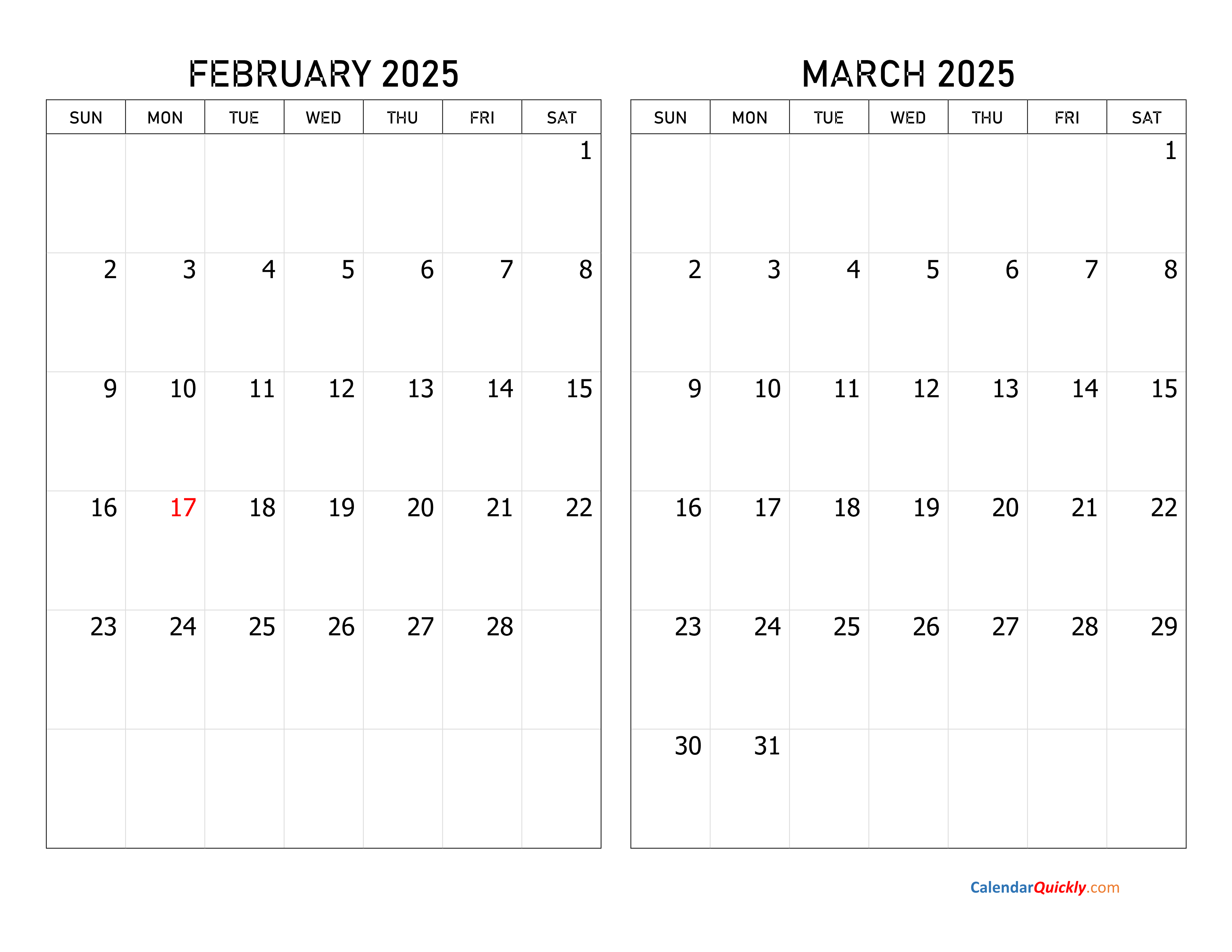 February And March 2025 Calendar | Calendar Quickly regarding Printable February And March 2025 Calendar