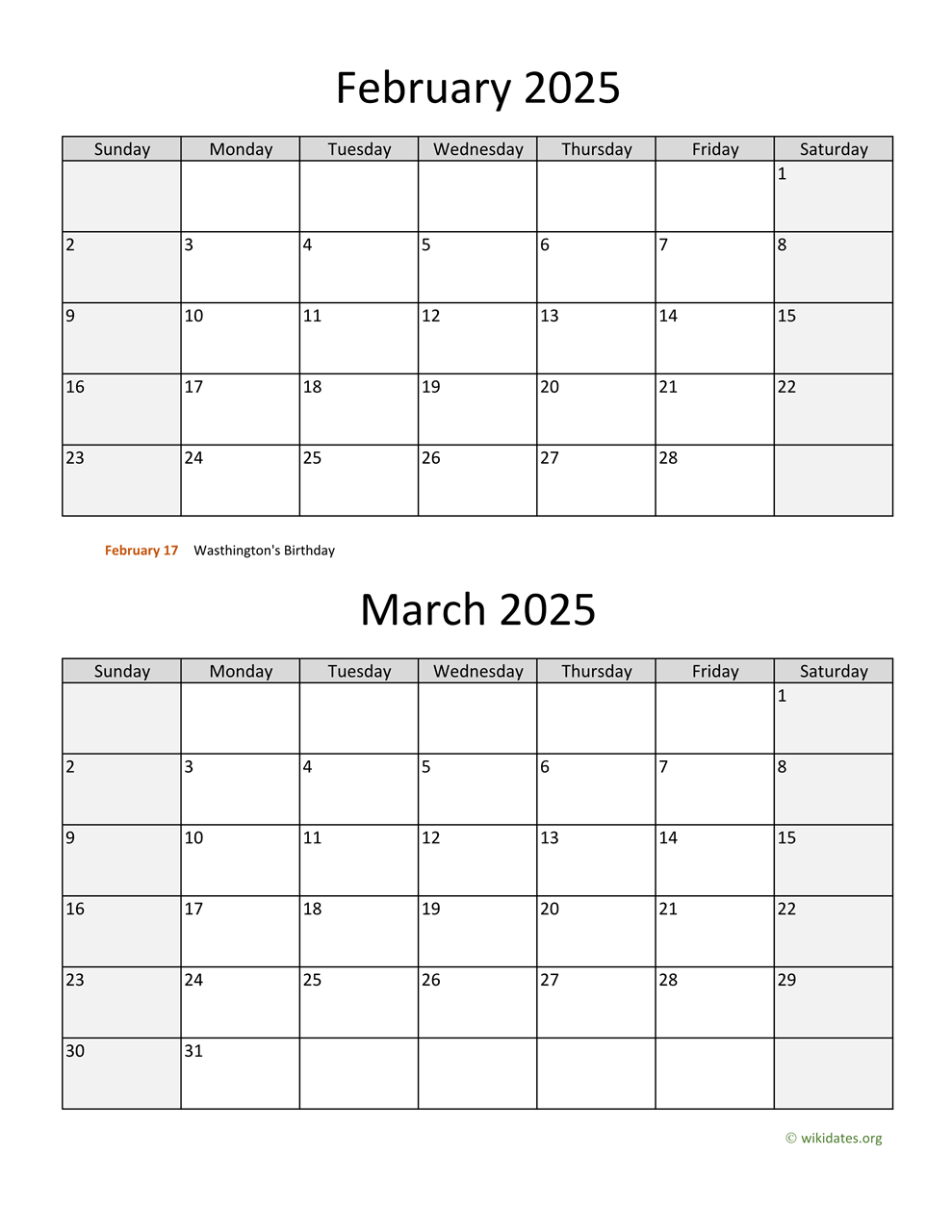 February And March 2025 Calendar | Wikidates for Calendar Feb March 2025