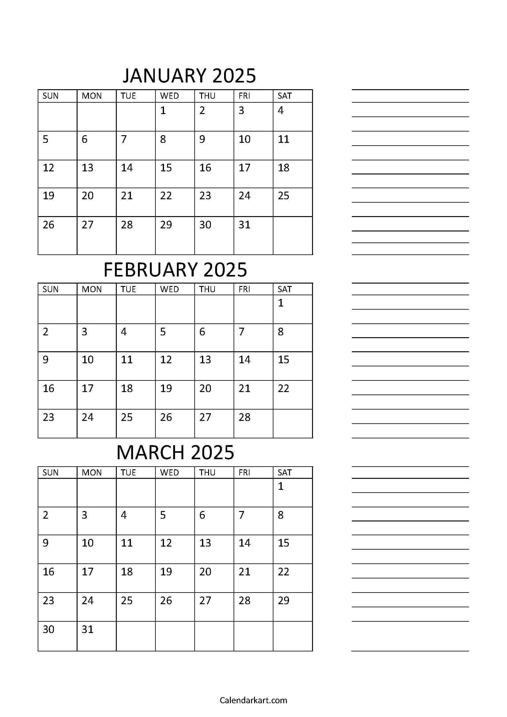 Free Printable January To March 2025 Calendar - Calendarkart for January February March 2025 Calendar