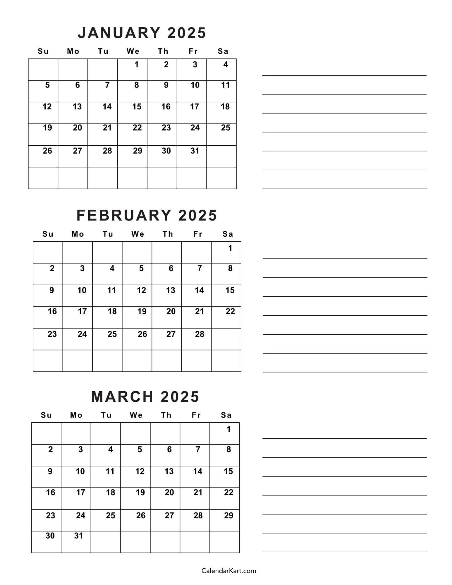 Free Printable January To March 2025 Calendar - Calendarkart in Printable Calendar 2025 January February March