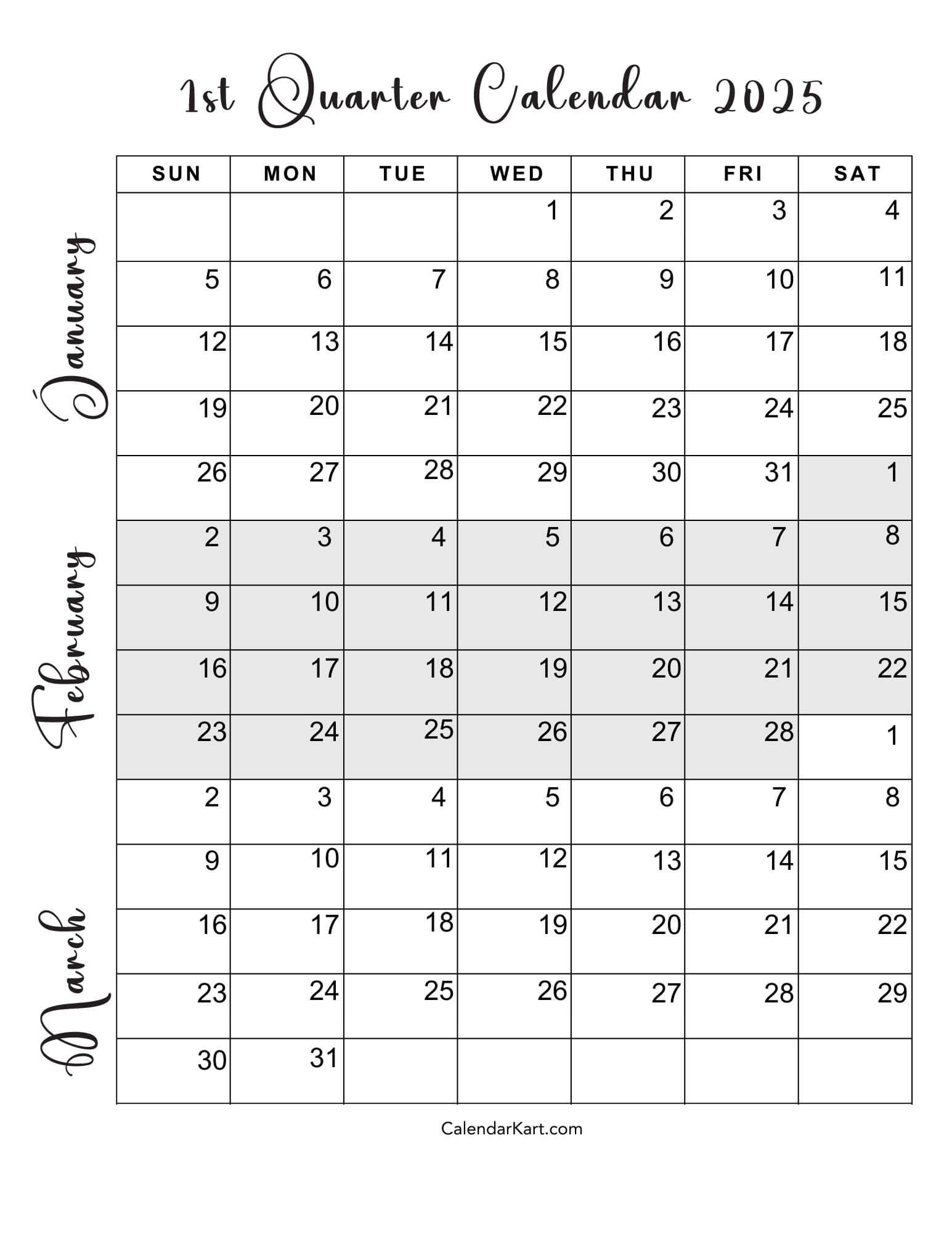 Free Printable January To March 2025 Calendar - Calendarkart in Printable Calendar 2025 January February March