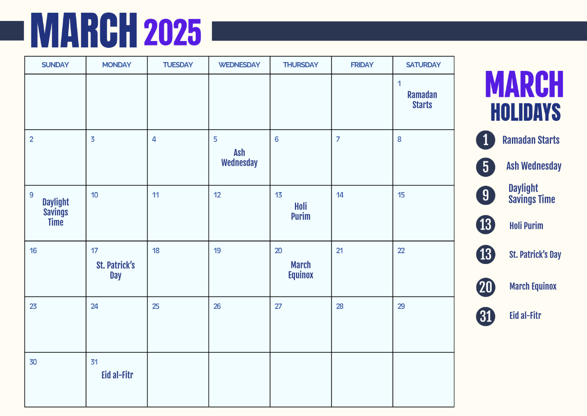 Free Printable March 2025 Calendar With Holidays Template To Edit throughout Printable Calendar March 2025 With Holidays