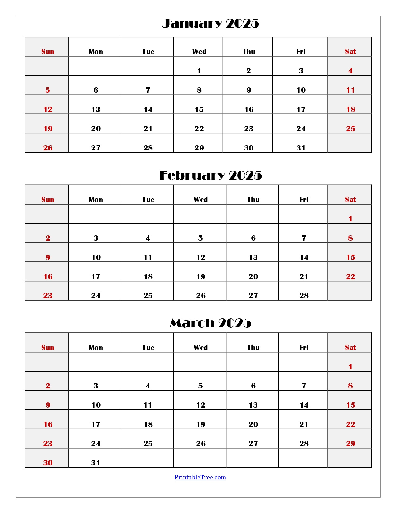 January To March 2025 Calendar | Three Months Calendar with Printable Calendar Jan Feb March 2025