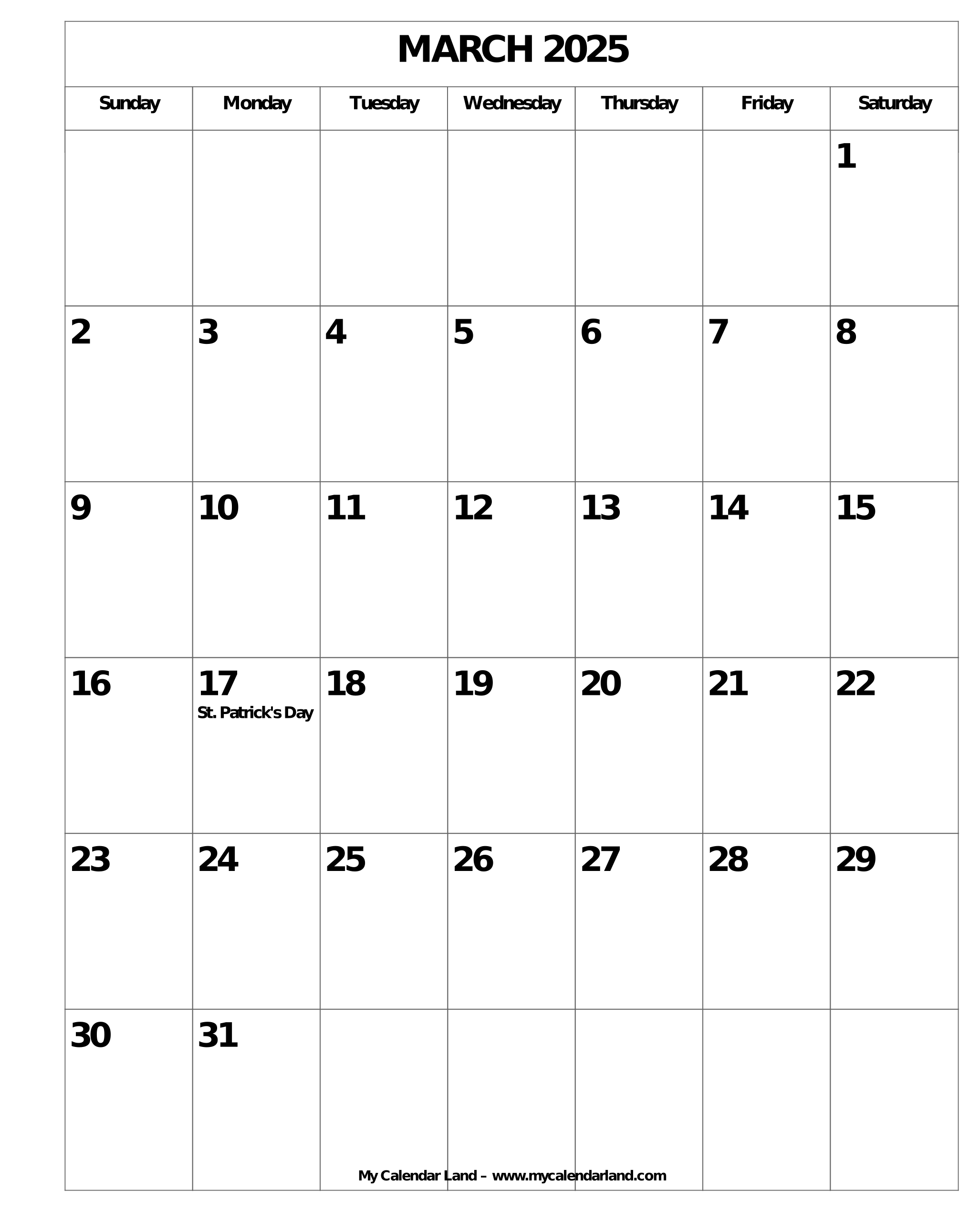 March 2025 Calendar – My Calendar Land intended for Blank March 2025 Printable Calendar