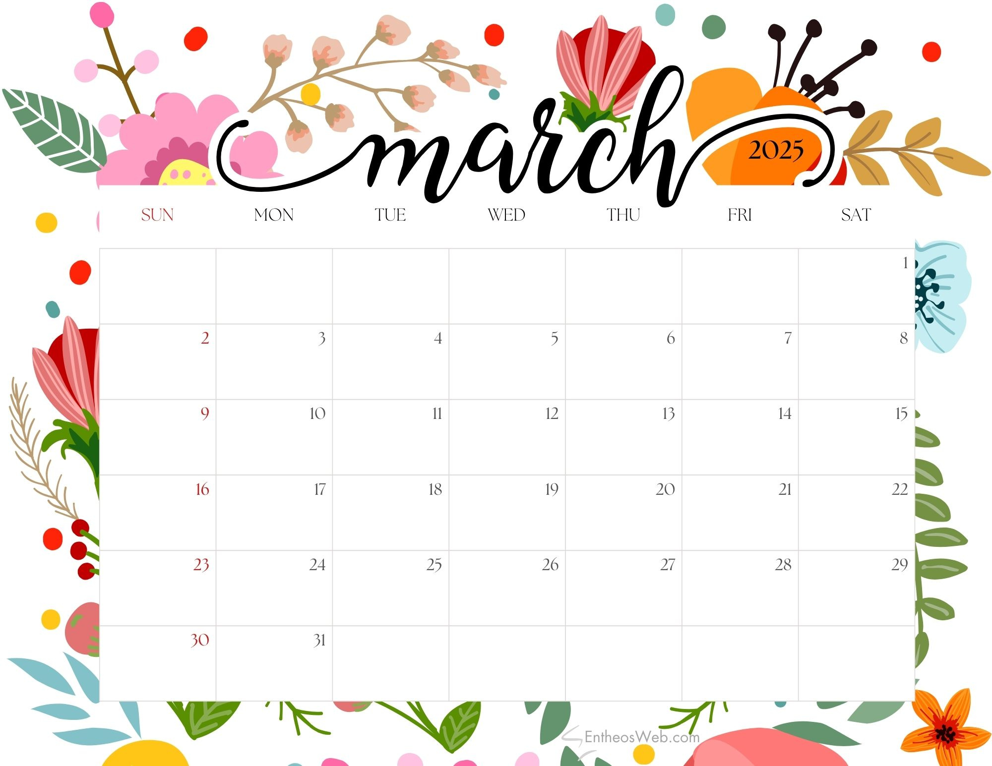 March 2025 Calendars – Free Pdf Printable Downloads | Entheosweb throughout Print March 2025 Calendar