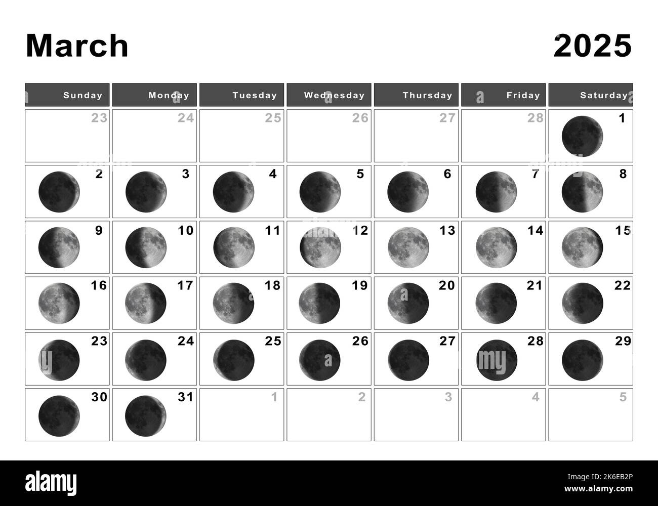 March 2025 Lunar Calendar, Moon Cycles, Moon Phases Stock Photo for Lunar Calendar March 2025