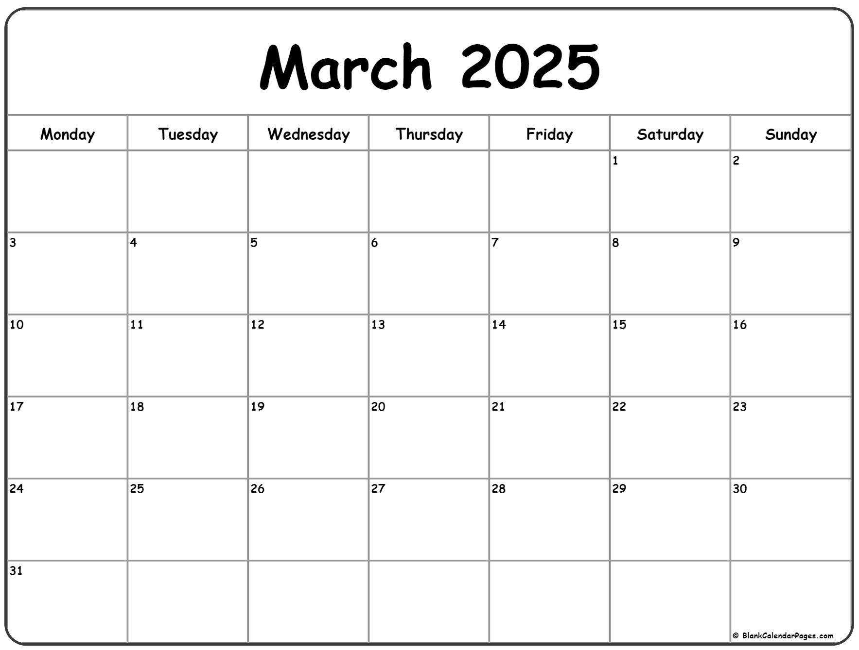 March 2025 Monday Calendar | Monday To Sunday in Printable Calendar March 2025 Starting Monday