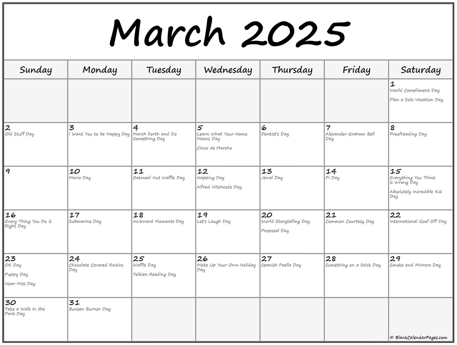 March 2025 With Holidays Calendar for National Day Calendar March 2025