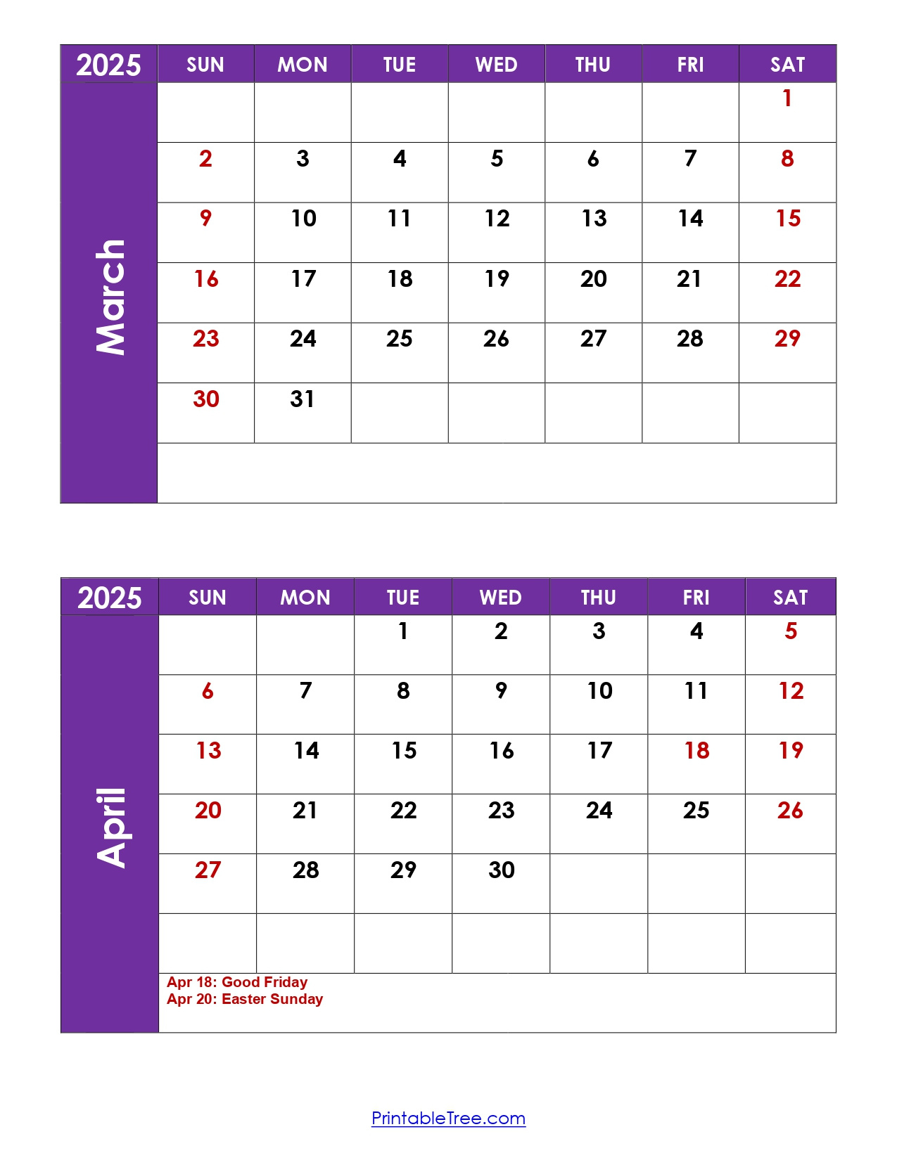 March And April 2025 Calendar Printable | Two Months Calendar for March April 2025 Calendar