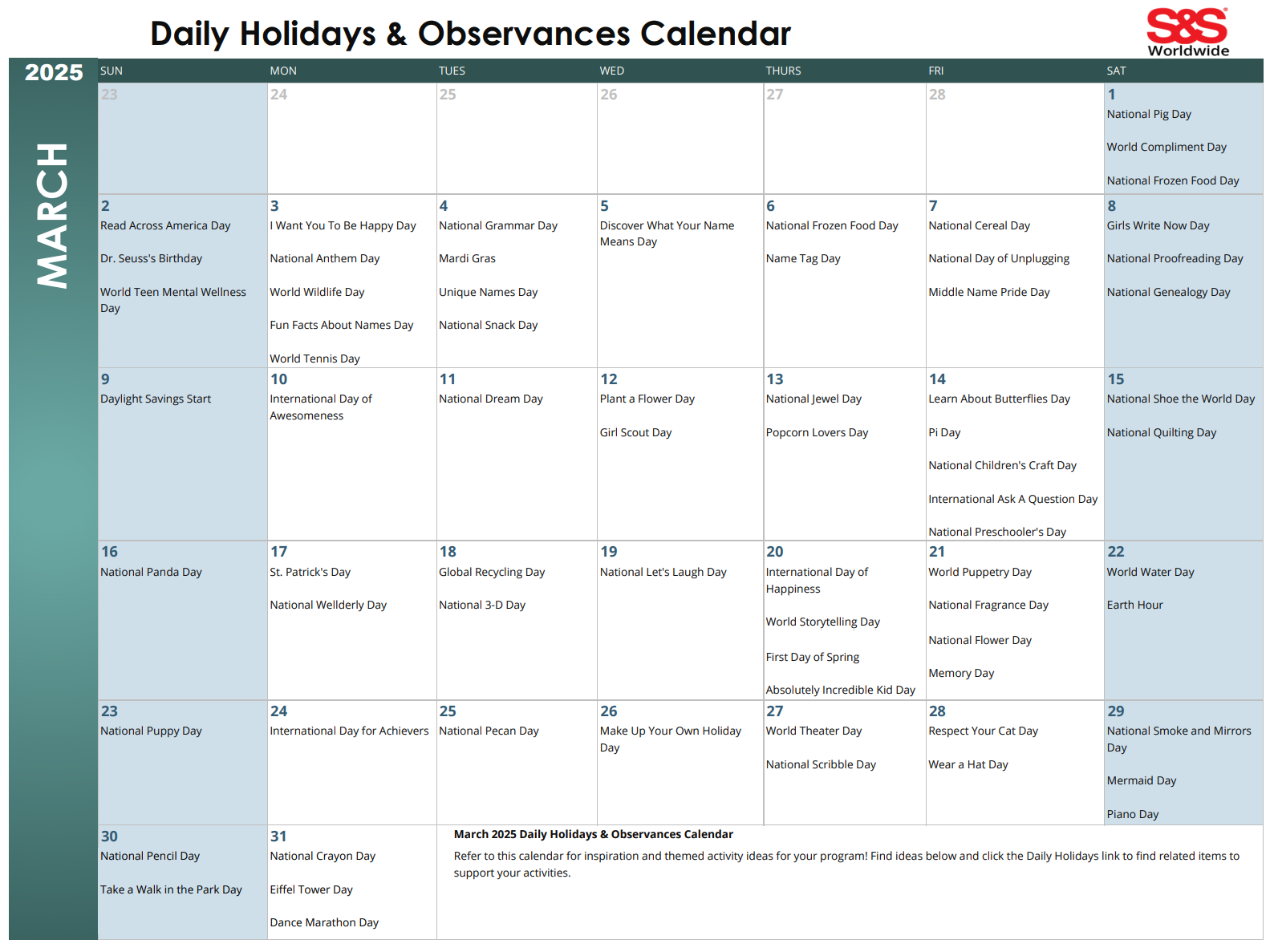 March Daily Holidays &amp;amp; Observances Printable Calendar - S&amp;amp;S Blog with regard to National Day Calendar March 2025