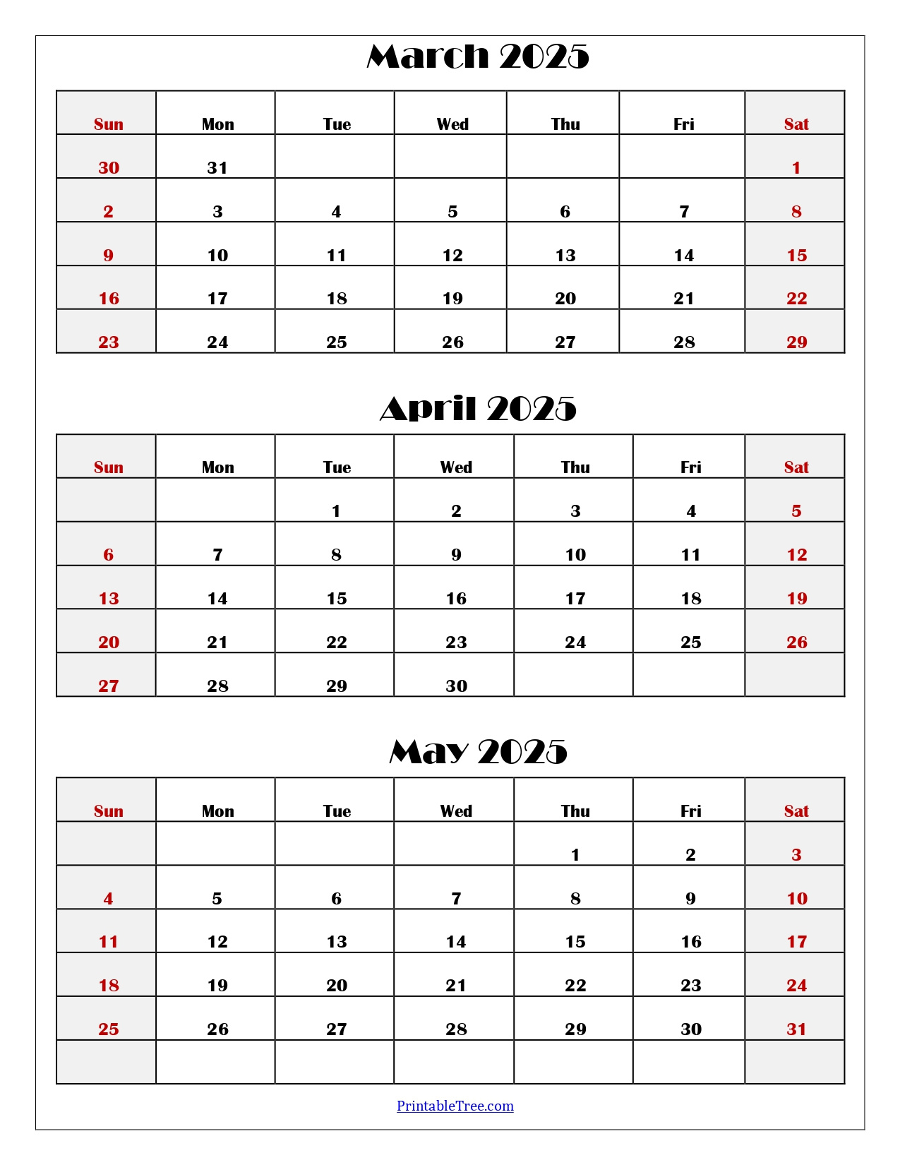 March To May 2025 Calendar Printable Pdf | Three Months Calendar for March April May 2025 Printable Calendar