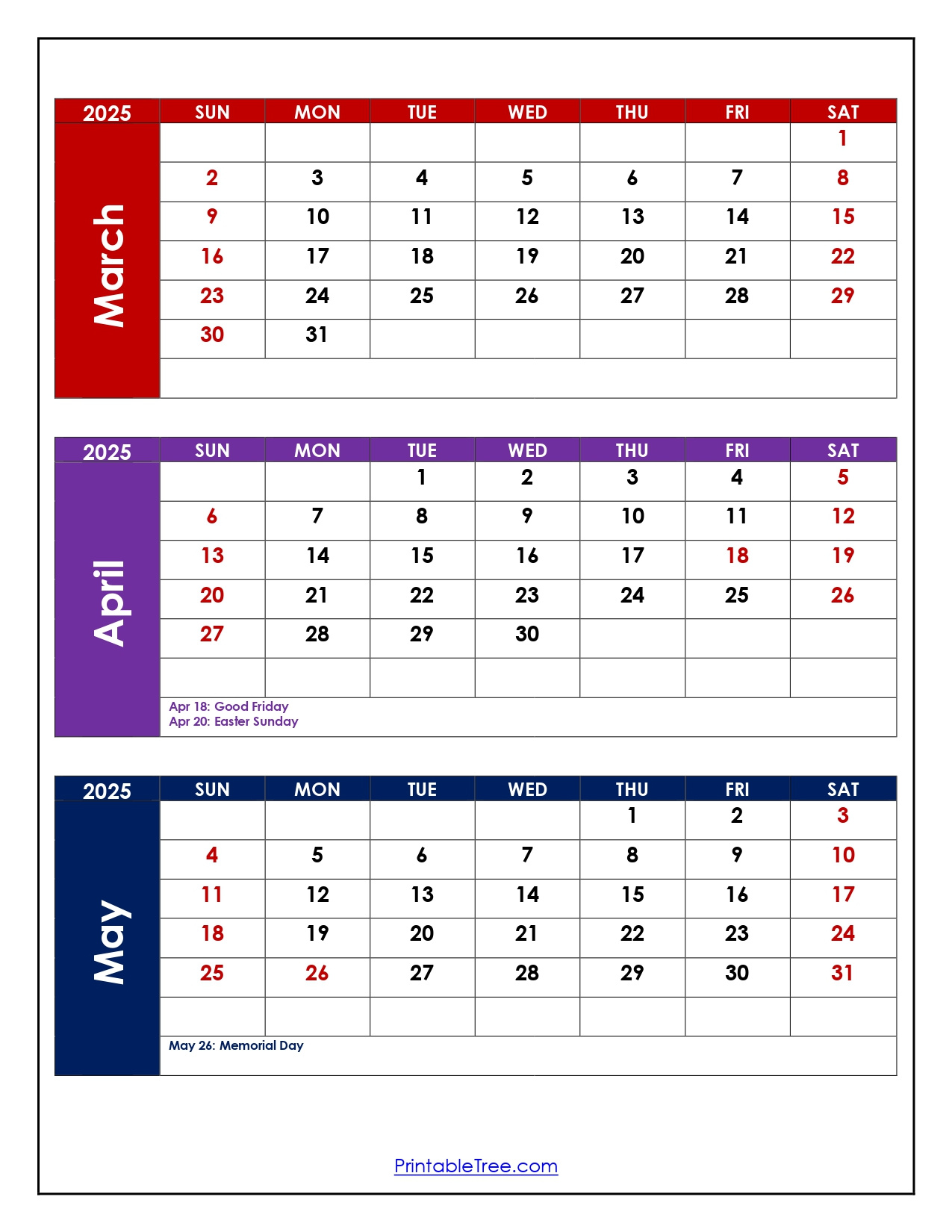 March To May 2025 Calendar Printable Pdf | Three Months Calendar in March April May 2025 Calendar Printable