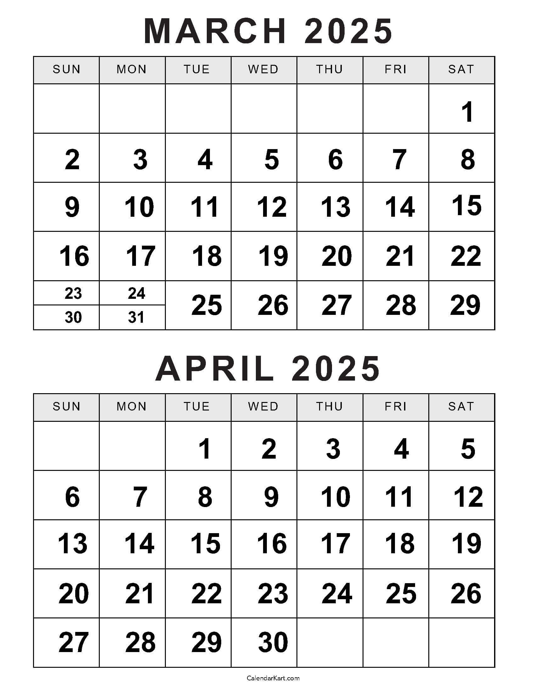 Printable March April 2025 Calendar | Calendarkart for March and April 2025 Calendar Printable