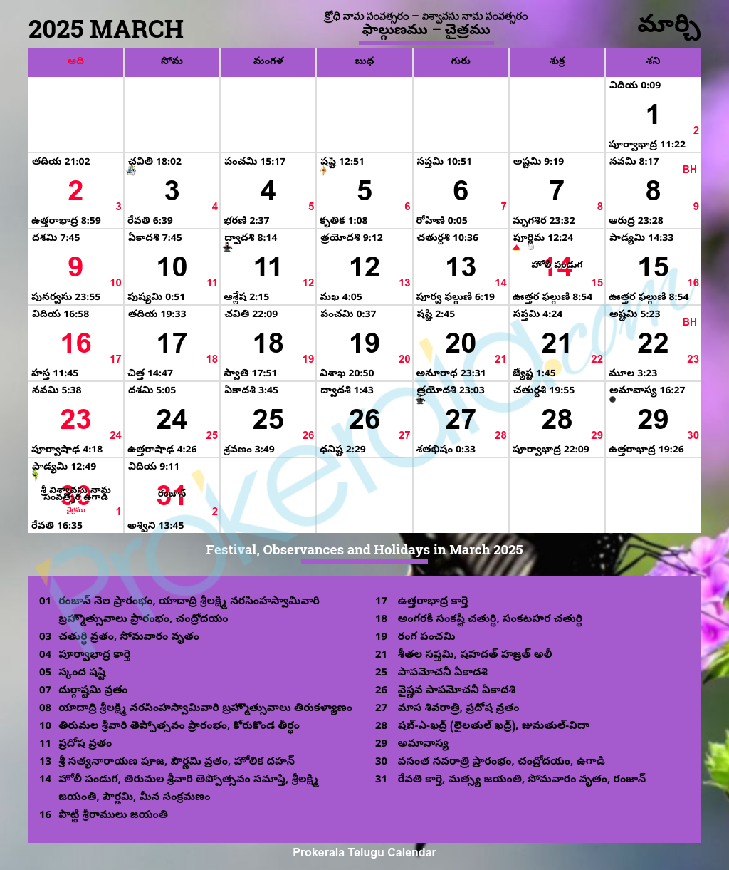 Telugu Calendar March, 2025 | మార్చి, 2025 క్యాలెండర్ for Telugu Calendar 2025 March