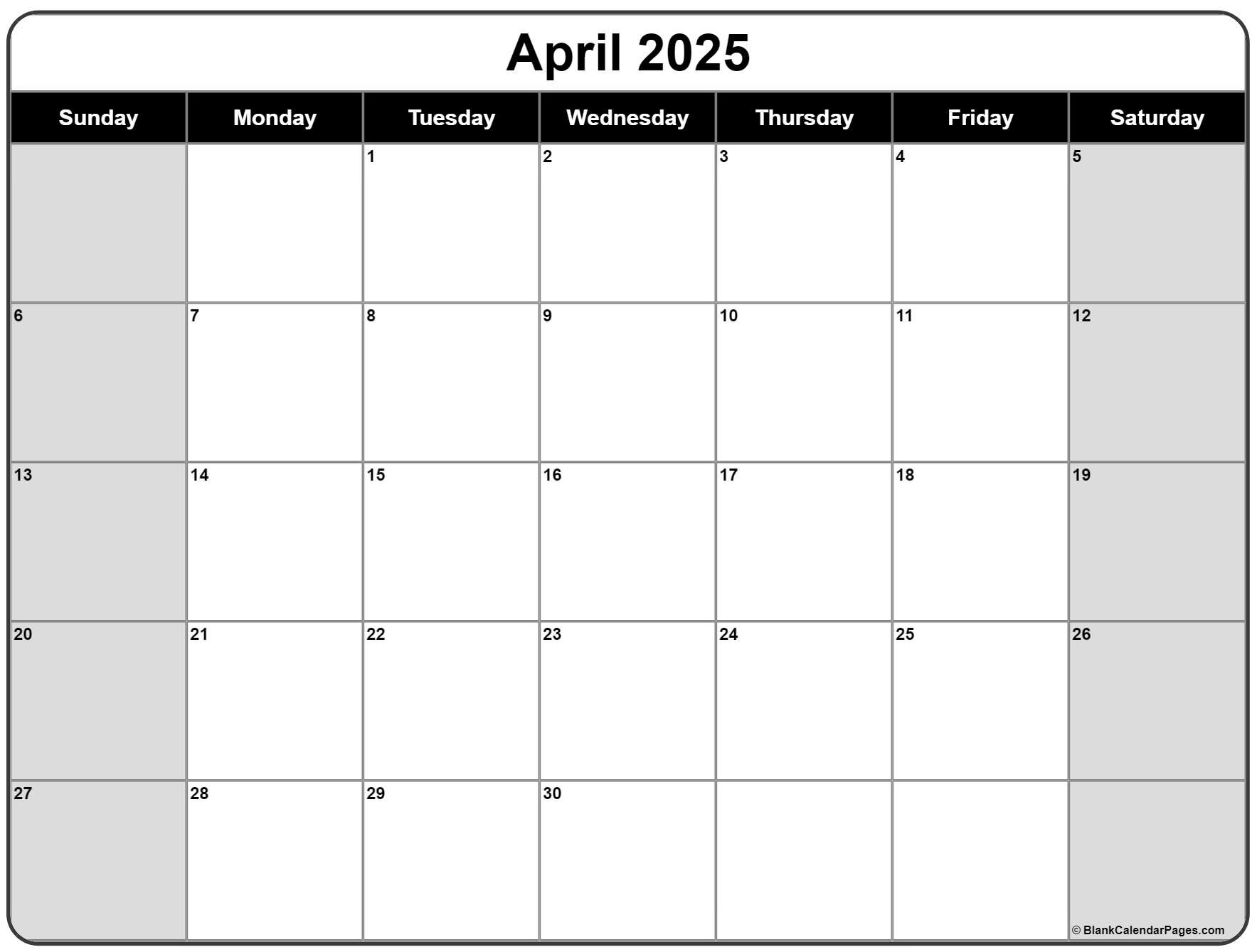 April 2025 Calendar | Free Printable Calendars for 2025 Monthly April Calendar Printable