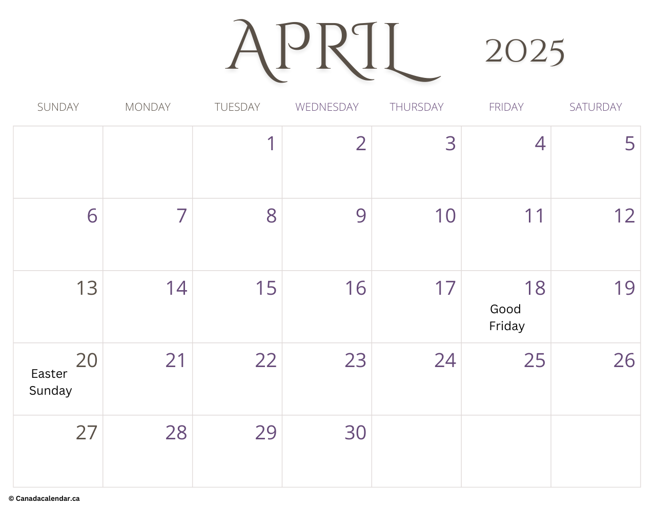April 2025 Calendar With Holidays [Free Templates] - Free with April 2025 Canadian Calendar Printable