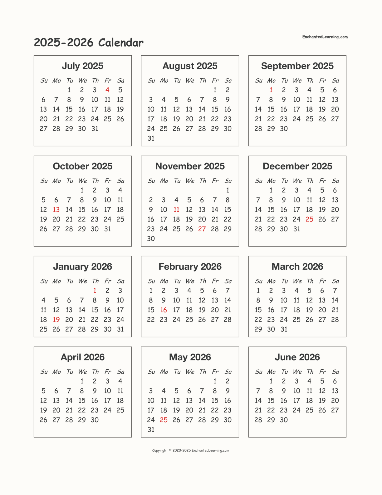 2025-2026 School-Year One-Page Calendar - Enchanted Learning regarding June 2025 To June 2026 Calendar