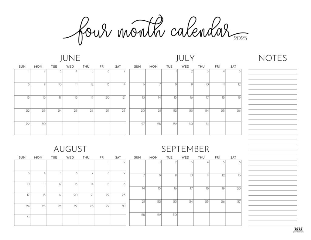 2025 Four Month Calendars - 31 Free Printables | Printabulls with April May June July 2025 Calendar