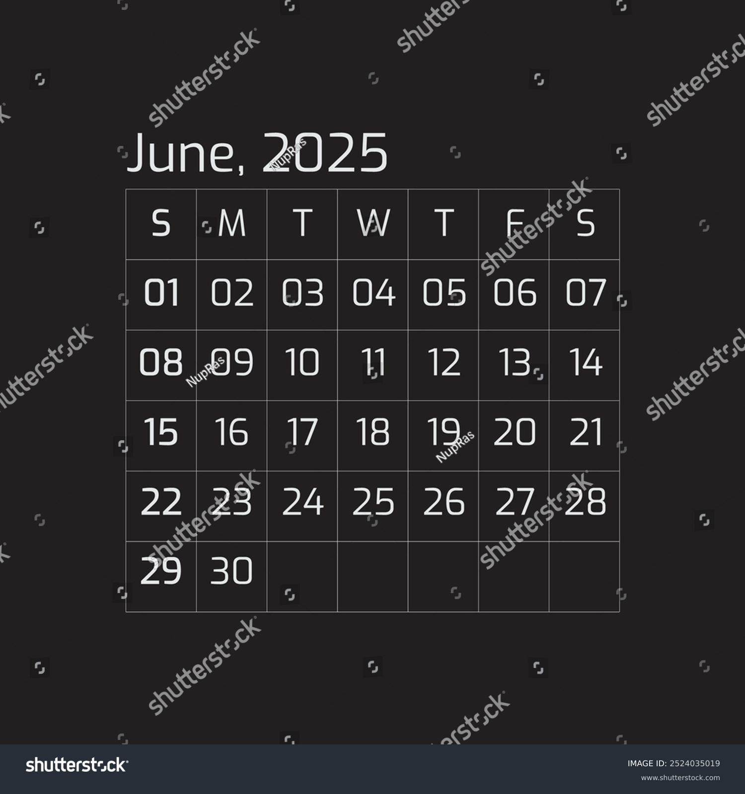 2025 June Year Dark Calendar Single Stock Vector (Royalty Free throughout June 2025 Calendar Black Background