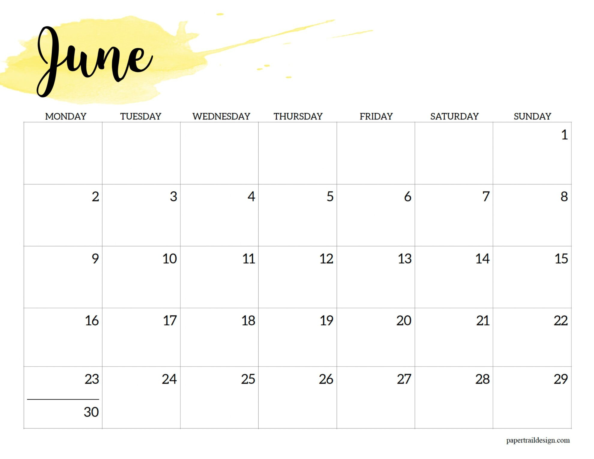 2025 Monday Start Calendar Printable - Watercolor - Paper Trail Design intended for June 2025 Calendar Monday Start