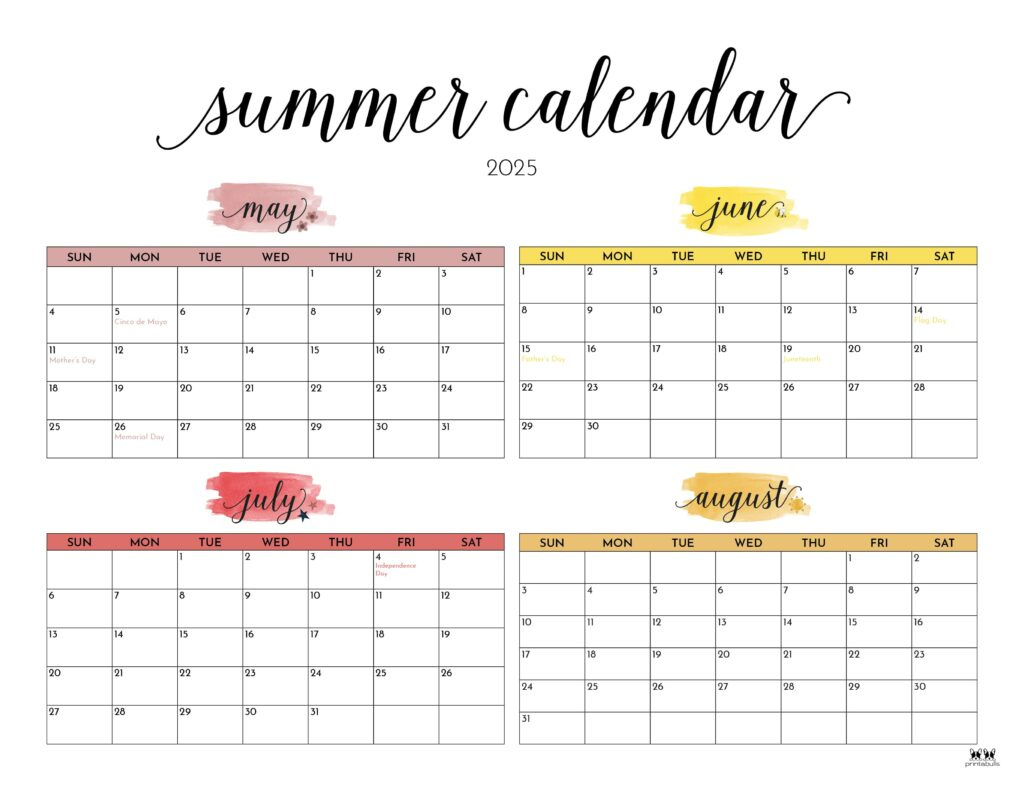 2025 Summer Calendars - 27 Free Printables | Printabulls for June To August Calendar 2025
