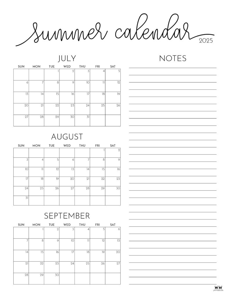 2025 Summer Calendars - 27 Free Printables | Printabulls intended for June July August 2025 Printable Calendar