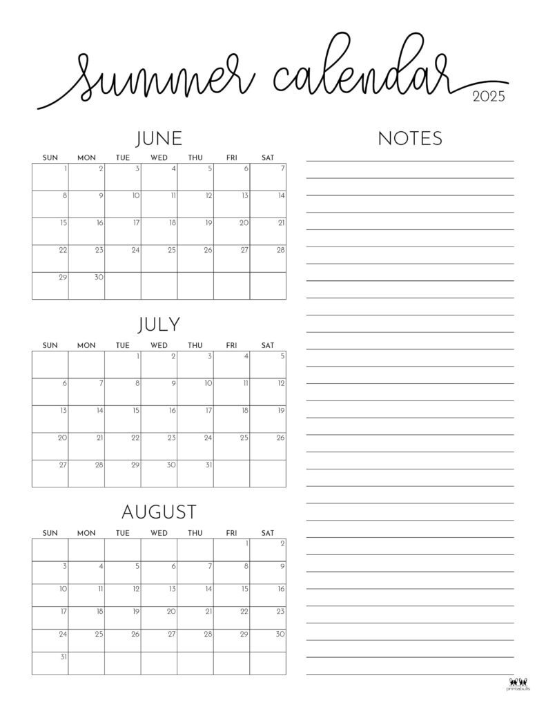 2025 Summer Calendars - 27 Free Printables | Printabulls within June July August 2025 Calendar
