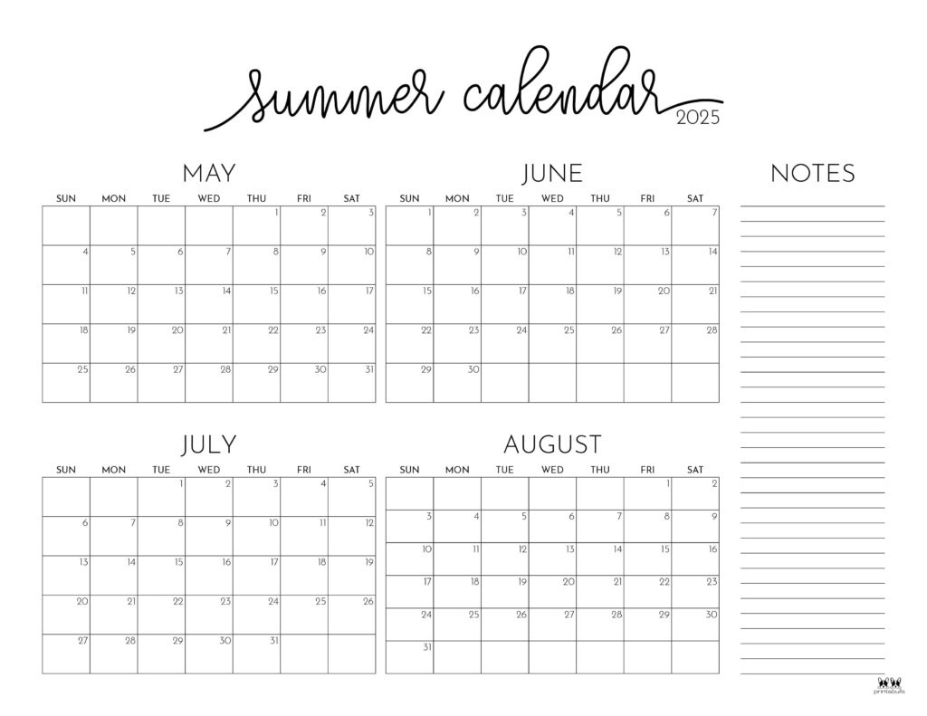 2025 Summer Calendars - 27 Free Printables | Printabulls within May June July August Calendar 2025
