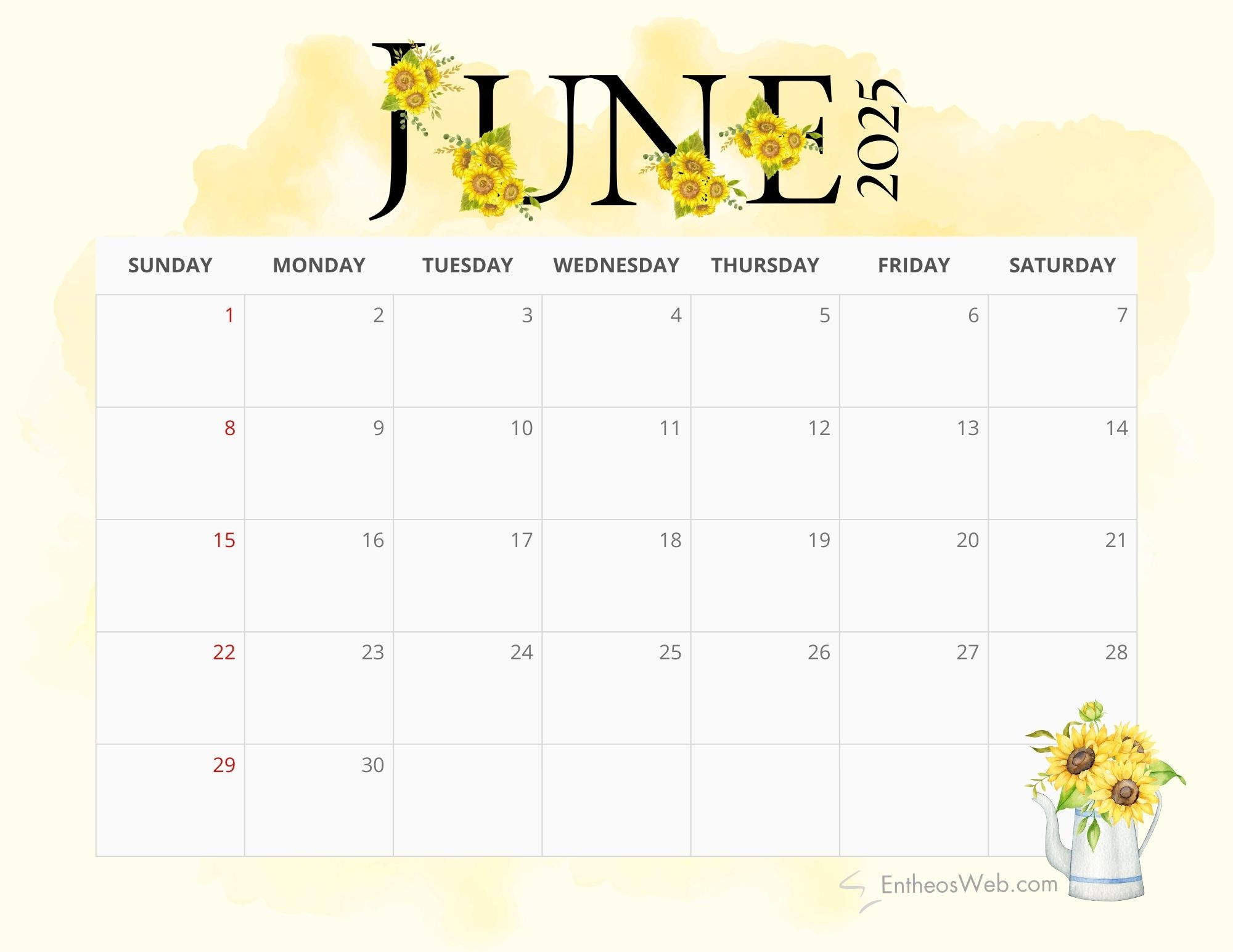 2025 Sunflowers Calendar Printable | Entheosweb intended for Sunflower June 2025 Calendar