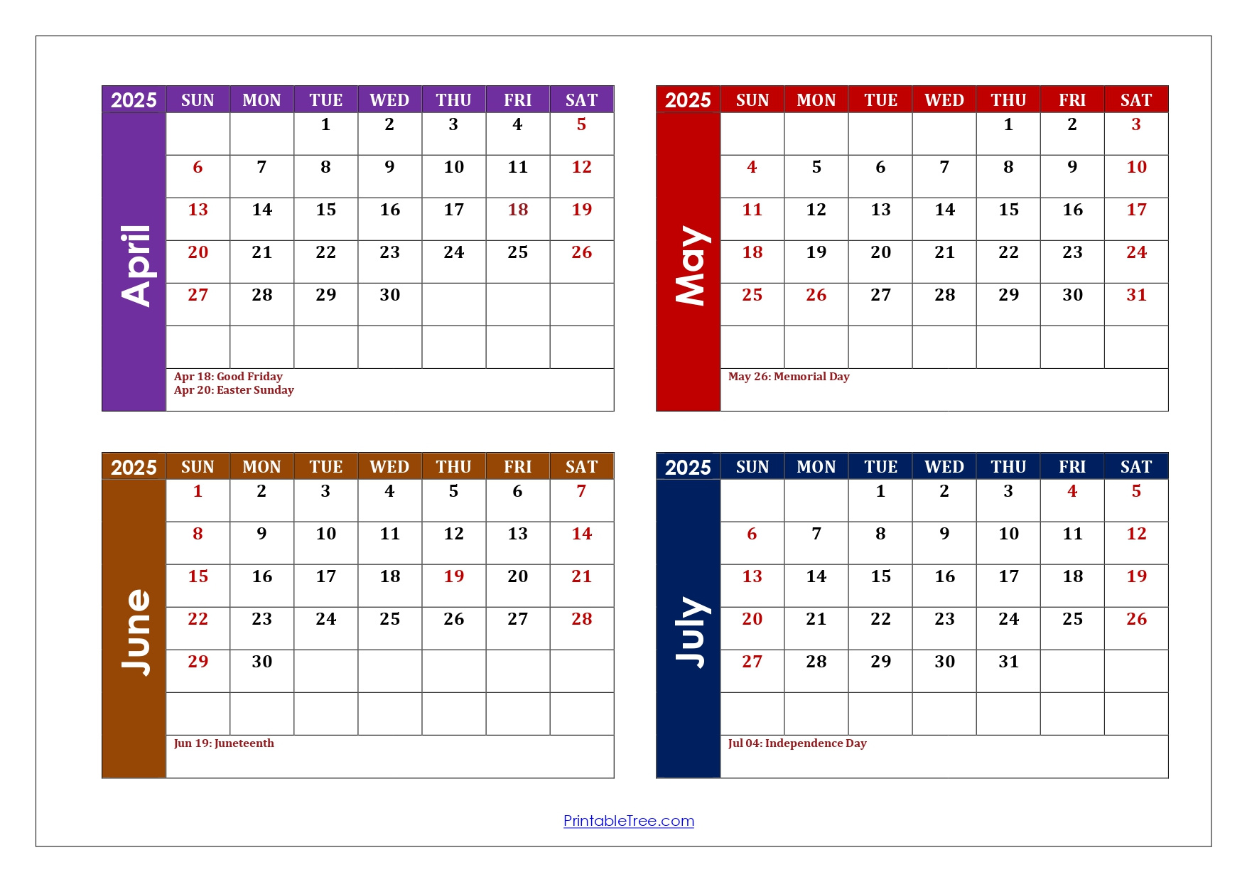 April To July 2025 Calendar Printable Pdf | Four Months Calendar intended for April May June July Calendar 2025