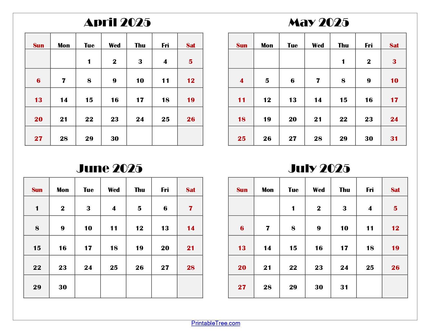 April To July 2025 Calendar Printable Pdf | Four Months Calendar with regard to April May June July Calendar 2025