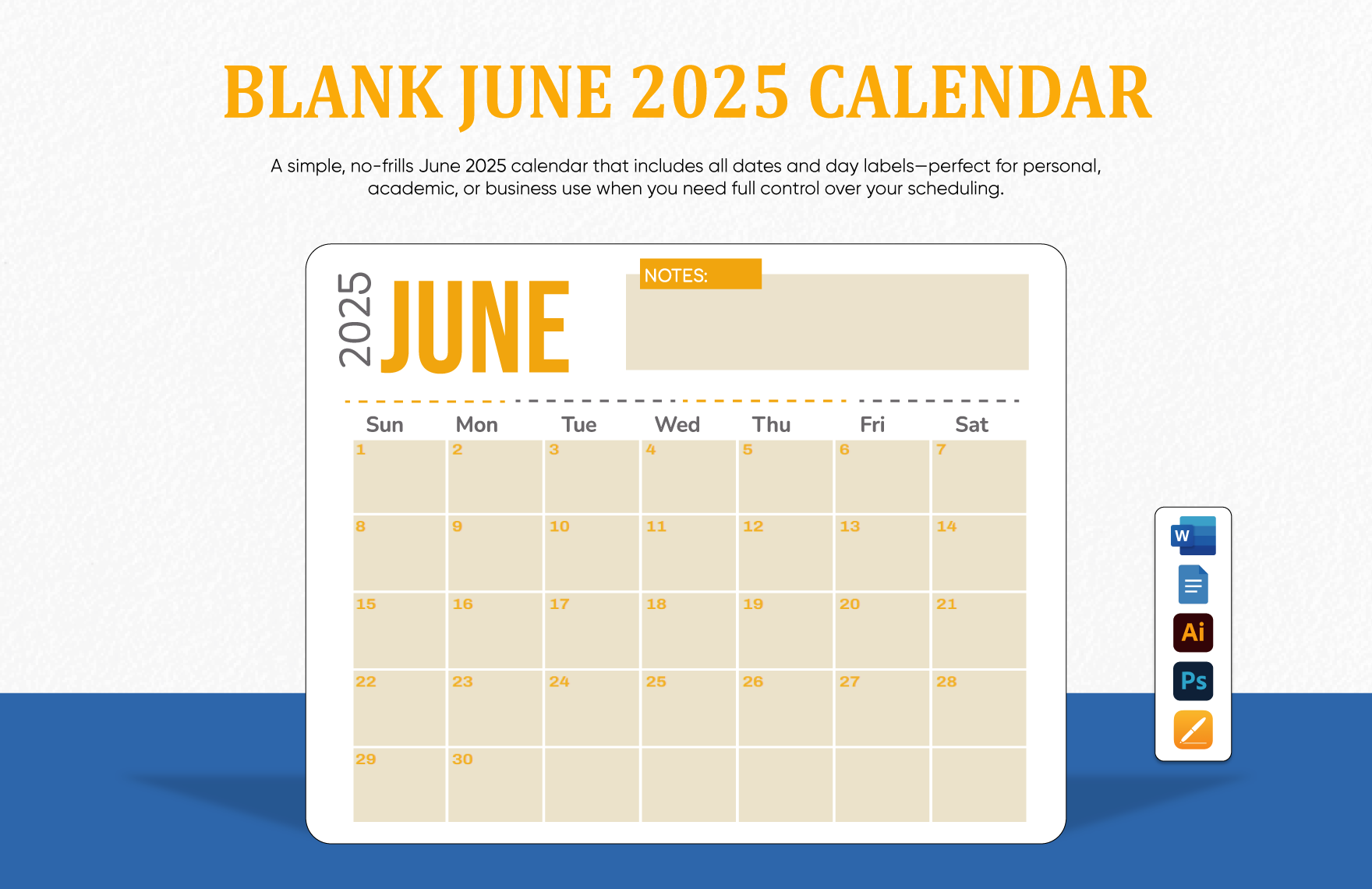 Blank June 2025 Calendar Template In Psd, Illustrator, Word, Apple for Google Calendar June 2025