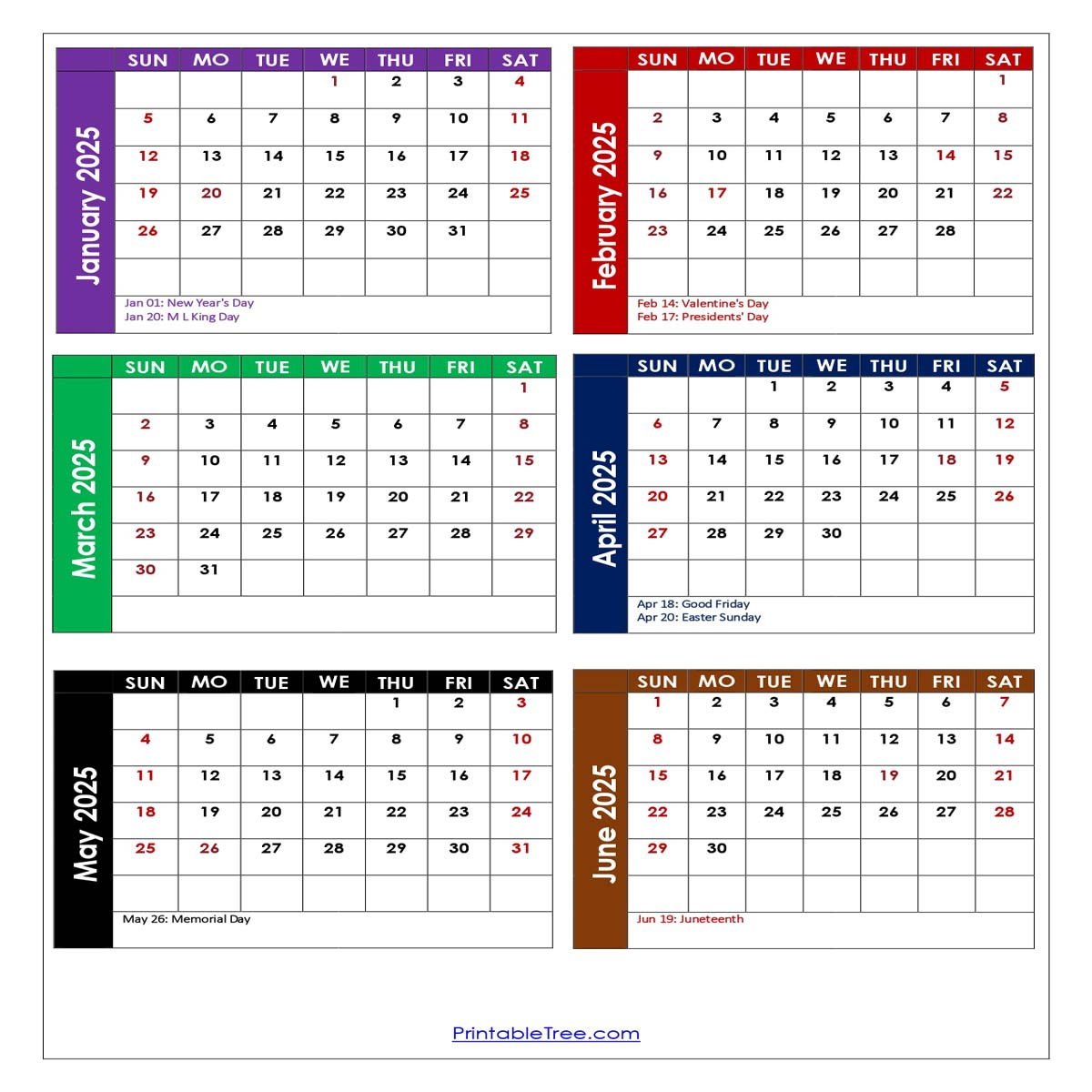 Download Free Monthly 2025 Calendar Printable Pdf With Holidays in January To June 2025 Calendar