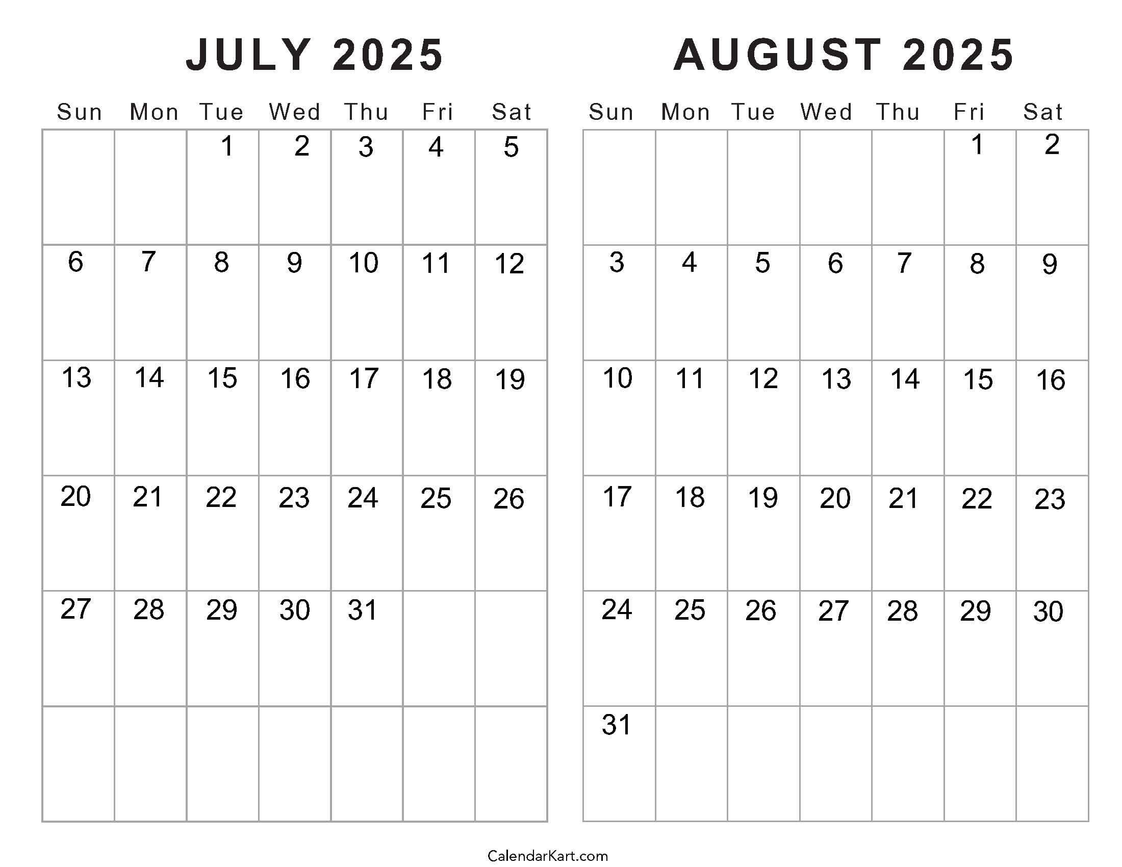 Free Printable July August 2025 Calendar | Calendarkart intended for June July August 2025 Calendar Editable