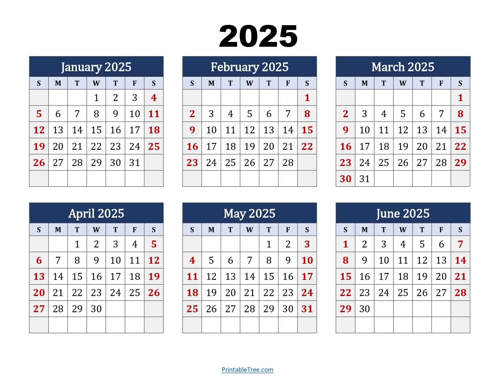 January To June 2025 Calendar Printable Pdf | Si Months Calendar in January To June 2025 Calendar Printable