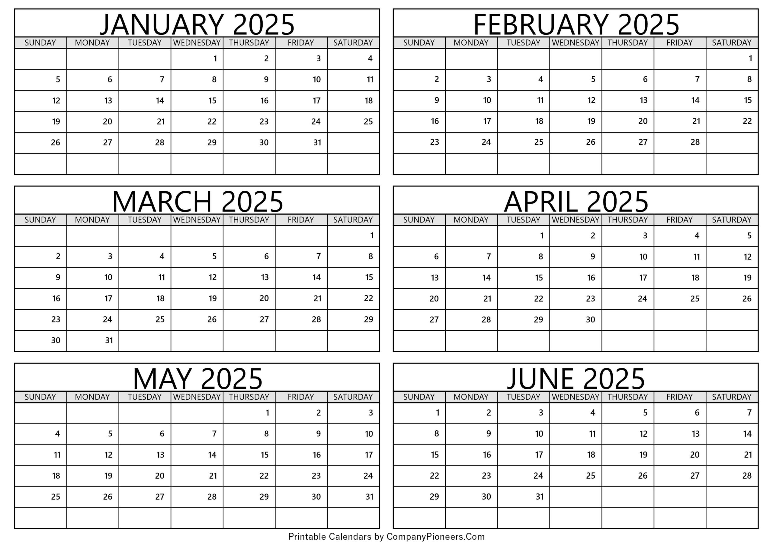 January To June 2025 Calendar Printable - Template for January To June 2025 Calendar