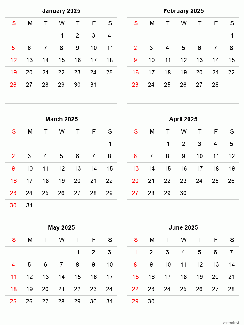 January To June 2025 Printable Calendar | Six Months Per Page with regard to January To June 2025 Calendar