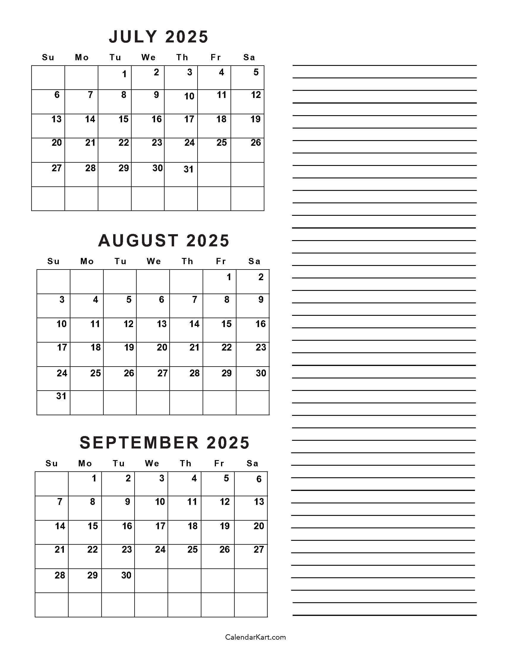July To September 2025 Calendar (Q3) - Calendarkart throughout June July August September Calendar 2025