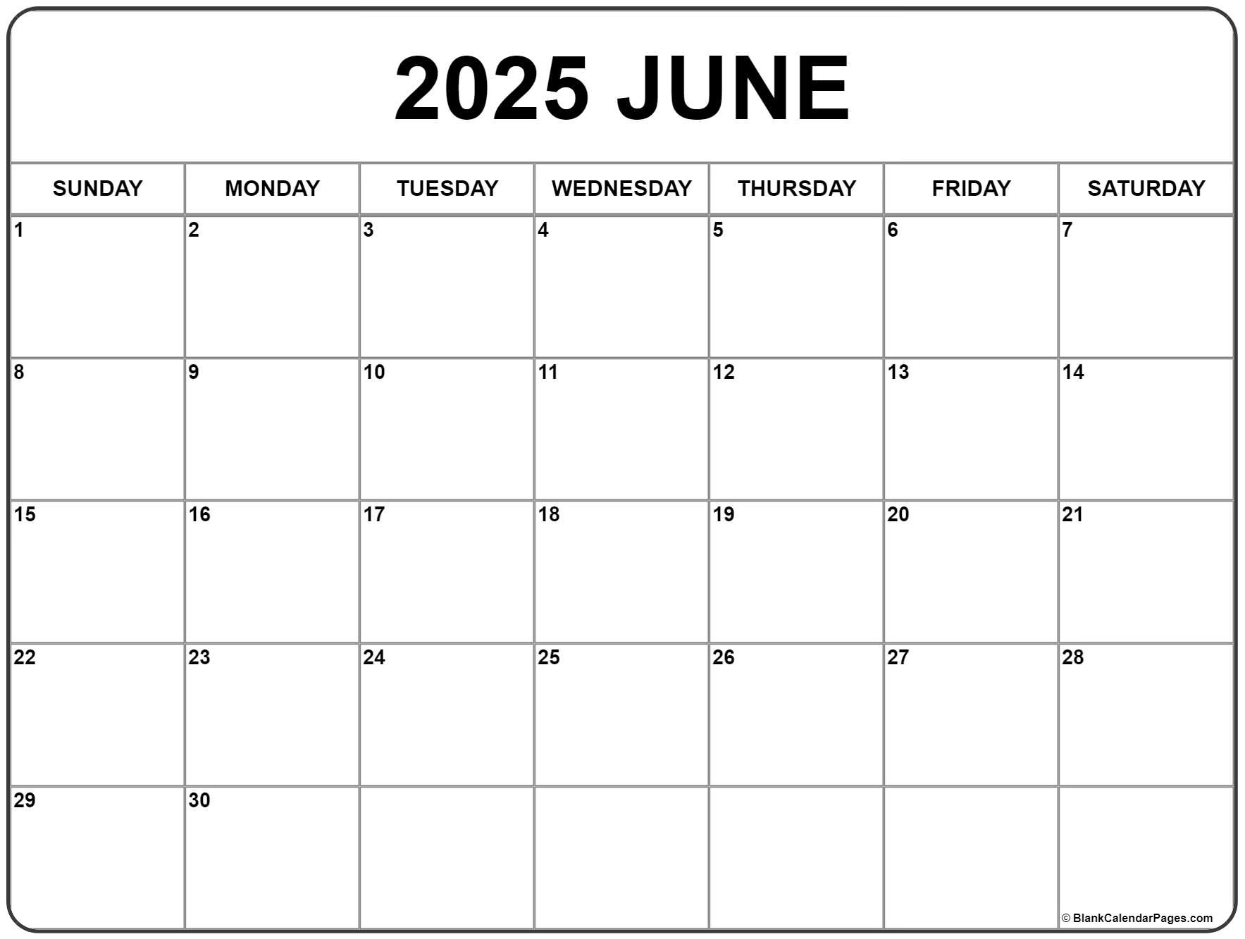 June 2025 Calendar | Free Printable Calendars for June 2025 Blank Calendar Printable