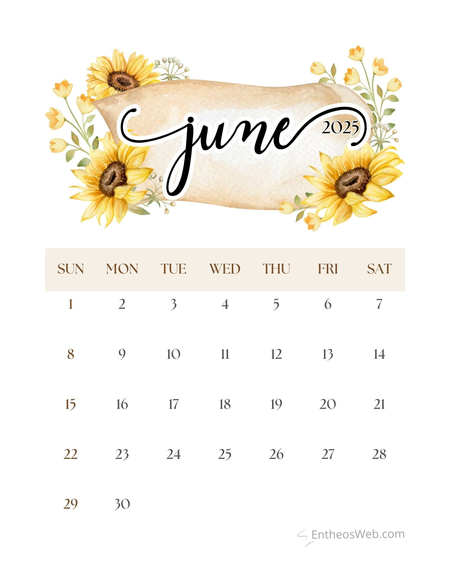 June 2025 Calendar Printables | Entheosweb inside Sunflower June 2025 Calendar